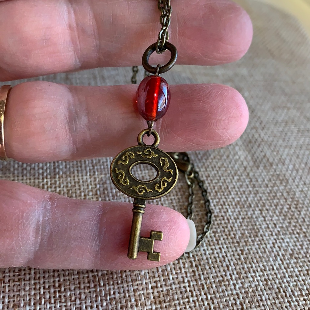 Skeleton Key Vintage Red Glass Bead Necklace One Of A Kind
